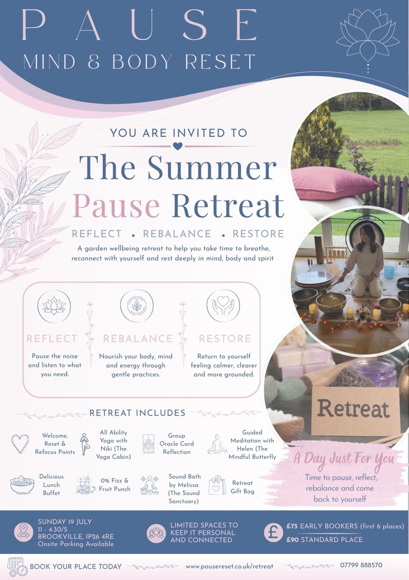 Promotional flyer for The Summer Pause Retreat by Pause Mind & Body Reset. The design uses soft blue and pink branding with floral details a